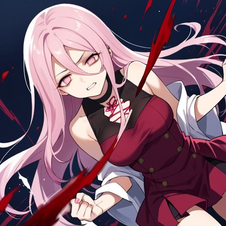 score_9, score_8_up, score_7_up, source_anime, 
Tada Randa, pink hair, long hair, pink eyes, piercing, hair between eyes, medium breasts, bare shoulders, black choker, long bangs
 fight, blood, dutch angle, action, motion blur