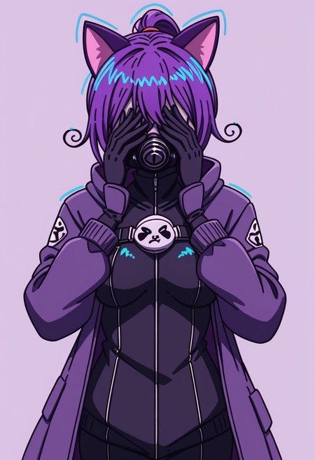 score_9, score_7_up, solo, solo, medium breasts, pose, gasmask covering face, cat ears,
1girl, purple hair, ponytail, black clothes, coat, gloves, hoodie, white clothes, body armor,