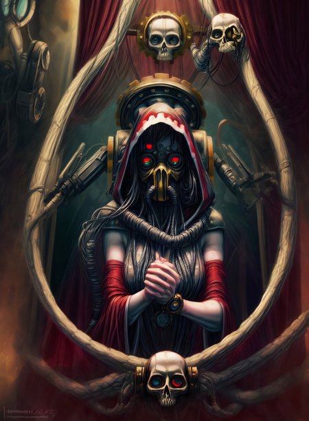 posing for camera,hyperrealistic,absres,8k,wallpaper art,
warhammer 40k,(25 year old woman, alternate hair color absurdly long hair french braid, blue eyes ,sigh) (skull, tube, science fiction, mask, extra arms, hood, robe, glowing eyes, mechanical arms,extra mechanical arms, steampunk, armor, techno-cultist hood)),best quality,<lora:hairdetailer:0.2>,detailed skin,metal reflecting light,techpriest,<lora:techpriest:1.4>,
8k uhd,dslr,harsh lighting,high quality,film grain,Fujifilm XT3,highly detailed background,sharp focus,detailed,extremely detailed,extremely intricate,illuminated by electric sparks:1.2,cinematic lighting,((detailed scenery, intricate scenery, inside spaceship,sparks, cables),,,,<lora:EnhancedDetail:0.5>,,,,,,,<lora:detail_slider_v4:0.9>,,,,,,,<lora:add_detail:0.7>,,,,,,,<lora:bloodvessel:0.5>,,,,,,,<lora:more_details:1>,,,,,<lora:MechanicusStyleAIp:1>,,,