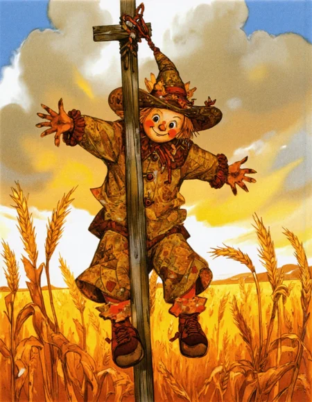 <lora:LV_NEW:1>, Scarecrow hanging on a wooden pole in a golden wheat field, looking cheerful and curious. His patchwork clothes have intricate geometric patterns, and his face is stitched with expressive eyes and a wide smile. Style: Vladimirsky's whimsical character design with warm, earthy tones and a hint of surrealism in the background clouds. Add golden rays of sunlight filtering through the stalks, lighting