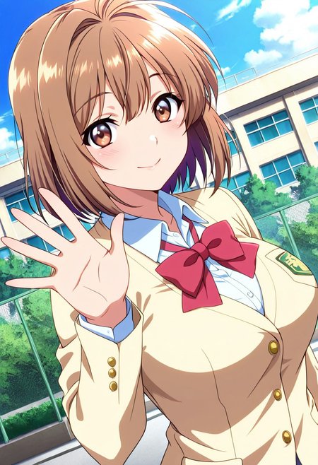 general,highres, ultra-detailed,very aesthetic,best quality ,best hands,best eyes,easynegative,
dynamic anglre, dutch angle, anime cloring,
1girl solo,looking at viewer,school, outdoors, smile, waving hand, 
Rie kawai,brown hair,brown eyes,short hair,large_breasts,school uniform,