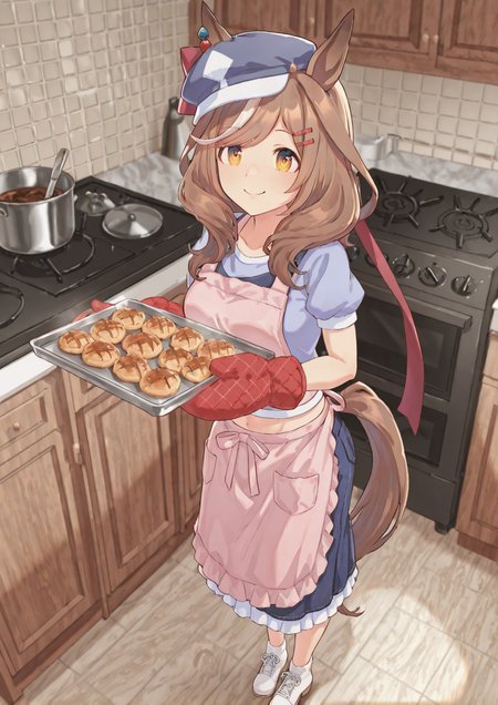 <lora:ILL_matikane_tannhauser_ver1.02:0.8> matikane tannhauser \(umamusume\), 1girl, horse ears, horse tail, ear ornament, red hairclip, blue cabbie hat, red hair ribbon, full body, standing, midriff, horse girl,
<lora:spo_sdxl_10ep_4k-data_lora_webui:1> <lora:illustrious_quality_modifiers_masterpieces_v1:1> score_9, score_8_up, score_7_up, score_6_up, masterpiece, best quality, very aesthetic, absurdres 
 <lora:baking-cookies-ponyxl-lora-nochekaiser:1> baking cookies, food, apron, oven mitts, holding, tray, smile, holding tray