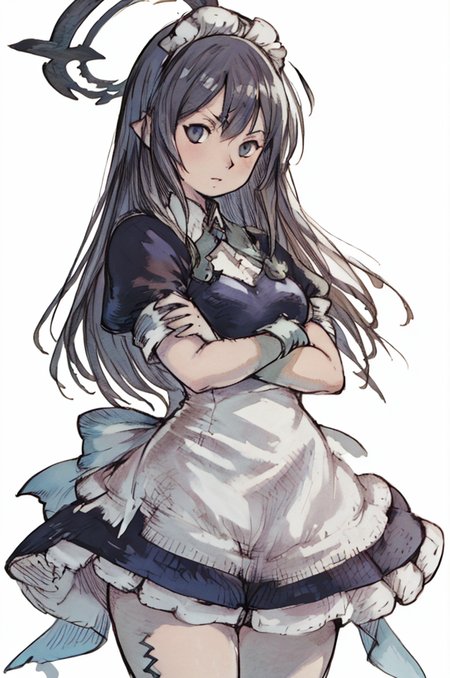 (Yoshida_Akihiko_PonyXL_style_v02.10.01), solo, 1girl, Karin_(Blue_Archive), maid uniform, halo, holing skirt, blue tie, white gloves, white pantyhose, crossed arms, white background, (Bravely Default Style), yoshida akihiko, maid headress, <lora:pony\char\game\ba\Kakudate_Karin_Pony-10.safetensors>, <lora:pony\style\Yoshida_Akihiko_PonyXL_style_v02.10.01.safetensors>, <lora:styles\yoshida_akihiko_offset.safetensors>, <lora:styles\BravelyDefault.safetensors>, <checkpoint:[Pony] duchaitenPonyXLNo_v35.safetensors>, <checkpoint:[SD15] tfmCutesyAnime2_genesis.safetensors>