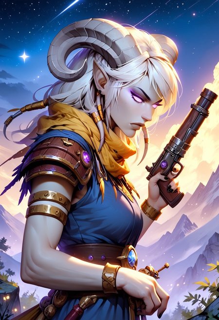 masterpiece, score_9, score_8_up, score_7_up, score_6_up, world of warcraft, detailed face, 
outdoor, mountains, night, stars, 
(female, mature, draenei, h0rns, ram horns, white horns, athletic arms, pale white skin, long white hair, four fingers, one thumb, black nail polish), (purple eyes), stern face, stern look, 
(long loose blue dress, simple armlet, yellow silk scarf), GunMonk, shotgun, 
side view