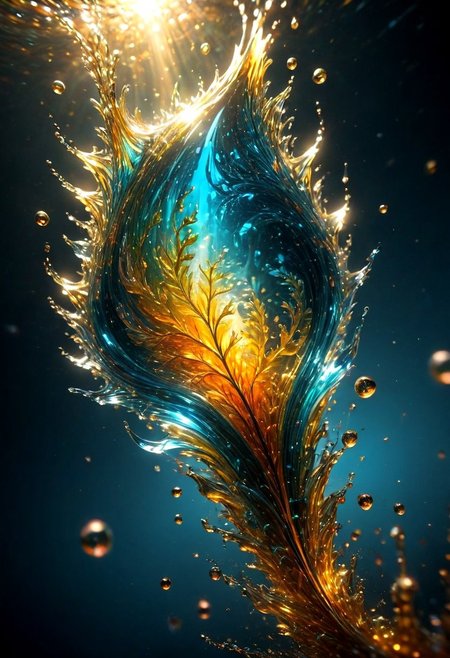An abstract shape, amazingly fluid, made of glass, detailed, 3d fractals, light particles, water drops, shimmering light, surreal, ink, smooth, shimmering, glow, cinematice contrast, Glow, 16k, crystal clear, colorful, backlight,