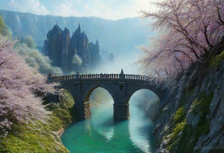 towers ringed in mist, sunrays, mixed media, surrealism, fantasy, great lighting, A surreal landscape highly detailed, extremely high-resolution details, appears trapped in an optical illusion of reflections and refractions, colorful, Spring, cherry blossoms in the wind, spring blooms, (Zhangjiajie mountains:1.2),  (Vienna in contemporary Austria, baroque architecture, European architecture:1.15), (stone arch bridges:1.05), winding rivers extending to the horizon, professional photography, natural lighting, volumetric lighting maximalist. vivid, vibrant colors, intricately detailed, (psychedelic colors, psychedelic colors:1.15), complex, elegant, expansive, fantastical, film photography style, medium grain, cmnt
 (8k uhd:1,4)
 <lora:add-detail-xl:1>
 <lora:Dynamic Poses:1>