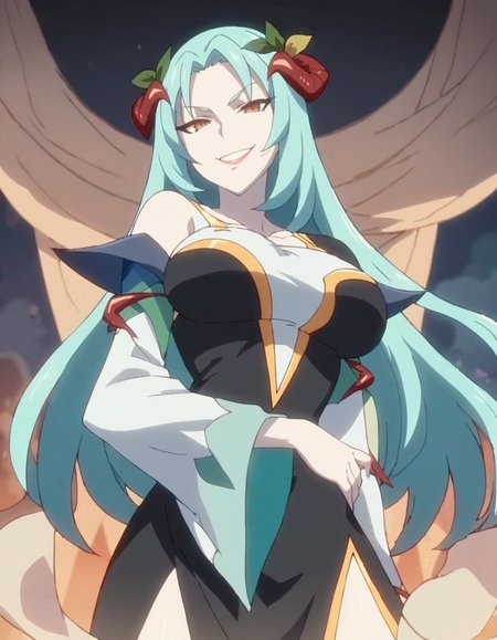 score_9, score_8_up, score_7_up, 1girl, solo, anime screencap, long hair, dress, blue hair, hair ornament, standing,large breasts, black dress, aqua hair, looking at viewer,evil smile,white skin, <lora:northa:0.9>