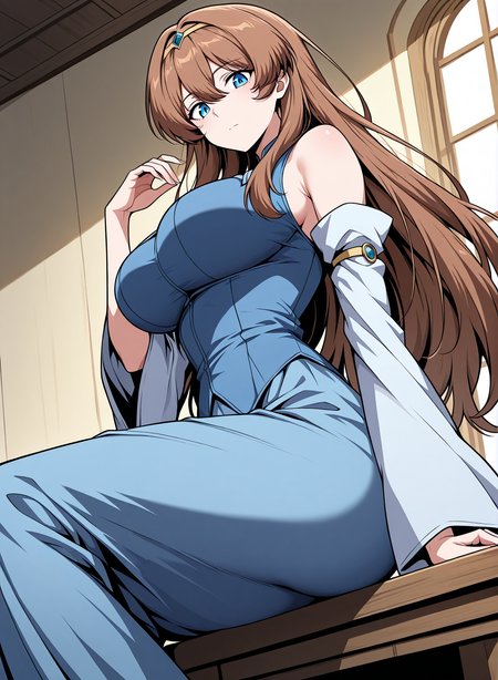<lora:Anjac_Protesia__The_Knight_King_Who_Returned_with_a_God__Illustrious:1>
brown hair, long hair, hair between eyes, bangs, blue eyes
blue dress,  detached sleeves, hairband, skirt, long dress, wide sleeves, bare shoulders
zPDXL3, score_9_up, score_8_up, score_7_up, (Anime_source),Masterpiece,(perfect female body:1.2), small waist, (incredibly detailed:1.4), 1 girl, slim, beautiful fingers, (big breasts:1.4), ((looking at viewer)), big breasts, ass, perfect ass, sitting, from below, looking down,