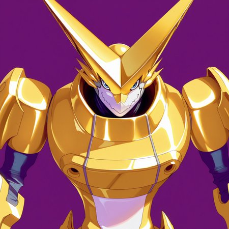safe_pos, masterpiece, best quality, highly detailed, realistic, 1boy, solo, OmegaShoutmon, furry, anthro, scalie, wingless dragon, blue eyes, white mouth, armor, gold armor, purple background, simple background, standing, smile, looking at viewer, closed mouth, front view, upper body