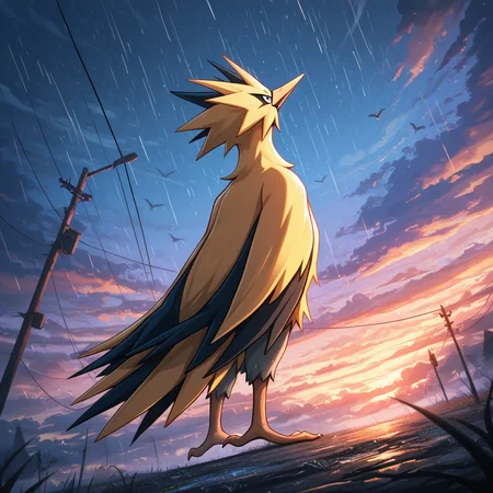 ((vibrant, detailed, detailed background, amazing quality, colorful, masterpiece, 8k, rtx)), beutiful background, 
<lora:zapdos-illus-14:1> pzapb, pokemon \(creature\), bird, 1other, cloud, from below, standing, low angle, arms at side, looking up, dynamic angle, after rain, from behind,