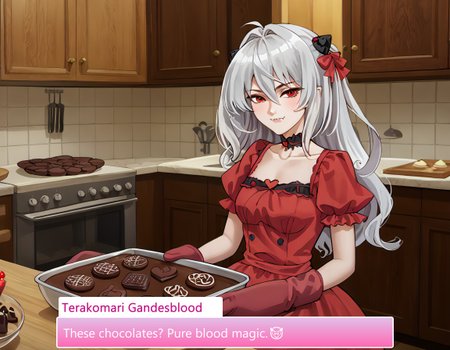 score_9, score_8_up, score_7_up, source_anime, anime screencap, baking valentines cookies, looking at viewer, blush, smile, gloves, holding, frills, food, indoors, apron, chocolate, cookie, oven mitts,  
warm kitchen, heart-shaped cookies, decorated icing, soft lighting, cozy atmosphere, sweet aroma, wooden counter, mixing bowl, parchment paper, cooling rack, festive mood, pink and red decor,  
sprinkles, melted chocolate drizzle, flour dusted surface, oven in background, warmth from baking, neatly arranged utensils, recipe book open, love-themed presentation, careful decoration, delicate piping,  
whisk resting in bowl, soft ambient glow, lace-trimmed tablecloth, delicate floral arrangements, holiday-themed plating, chocolate-covered strawberries nearby, gift-wrapped box on the side.  , Terakomari Gandesblood, Long silver hair, Red eyes, Pale skin, Elegant gothic ta style, Red ribbons in hair, Vampire fangs, Delicate facial features, Small stature, Elaborate dresses, Jeweled hair ornaments, terakomari