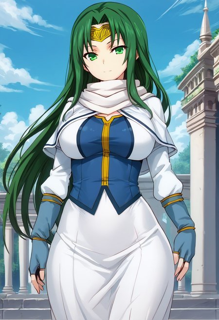 score_9, score_8_up, score_7_up, score_9, score_8_up, score_7_up,Masterpiece,HD,(((HD quality))), (((ultra quality))), hyper ultra detailed, hyper ultra quality,solo,
<lora:StS_PonyXL_Detail_Slider_v1.4_iteration_3:3>,
Background simple,, anime font,from below, llooking at the viewer,indoor,
1girl, detailed, perfect arms, perfect face, perfect hands ,expression of fear,
BREAK
breasts perky,curvy, waist, slim,  perfect anatomy, height, tall,perfect body, large breast,
BREAK
<lora:maris-amarilis-ponyxl-lora-nochekaiser:1>,maris amarilis, long hair, green eyes, green hair, circlet,
gloves, fingerless gloves, dress, white dress, capelet, cape, scarf, white scarf, long sleeves,