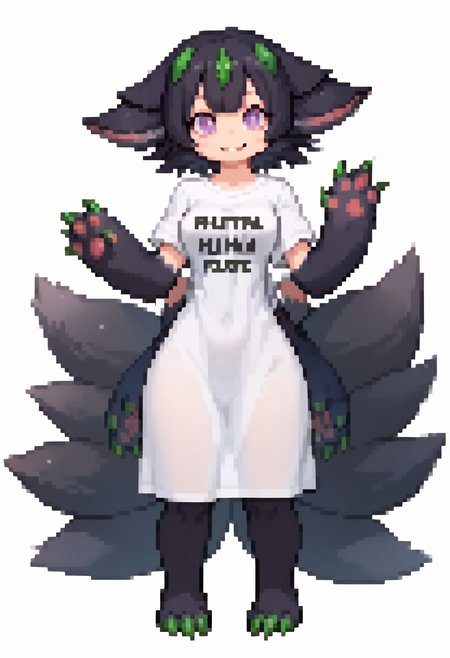 score_9, score_8_up, score_7_up,masterpiece, best_quality, ultra quality,high detail,full body view, whole character view,standing, medium breasts, thick thighs, very wide hips, big ass, bottom heavy, narrow shoulders,estrus, Expressiveh, correct anatomy, correct hands, correct fingers, correct face, correct eyes, correct mouth,correct hair, happy trail, prideful expression, prideful smile,fluffy hair,fluffy, simple background, white background,Faputa, 1girl, white skin, white-skinned girl, black hair, short hair, extra arms, green claws, multiple tails, purple eyes, black fur, animal ears, clothes, t-shirt, wearing t-shirt,