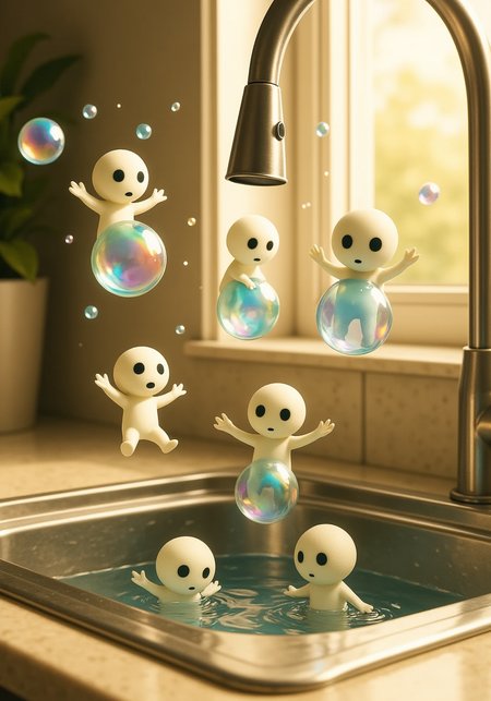 a gathering of tiny kodama floating playfully atop shimmering soap bubbles drifting above a kitchen sink, their glowing forms reflected in the iridescent surface of each bubble; some kodama balance carefully on top of the bubbles, arms spread wide for balance, while others ride within the translucent spheres, gazing outward with wide-eyed wonder; golden afternoon sunlight streams through a nearby window, catching rainbow hues on the bubble surfaces and glinting off the wet sinkâs chrome fixtures<lora:kodama_flux.safetensors:1.0:1.0>