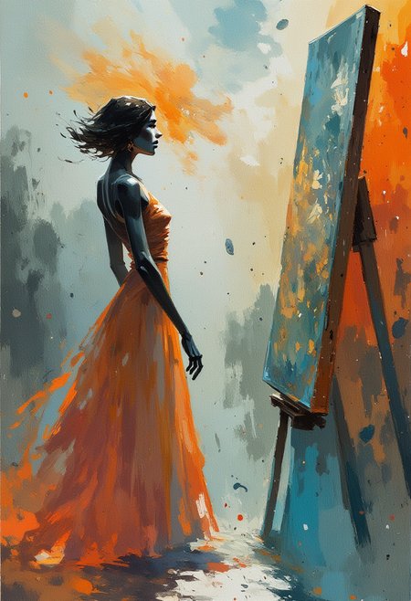 A beautiful woman, dressed in flowing, translucent fabric, collaborating with an android artist by using music to control the brushstrokes. As she sings, the android responds to the melody, painting in harmony with the notes she creates. The canvas becomes an abstract visualization of the sound, with vibrant colors and fluid shapes emerging as the music fills the space. The scene feels like a fusion of sound, sight, and beauty, where the womanâs voice becomes the paint, and the android the conduit for the artwork.