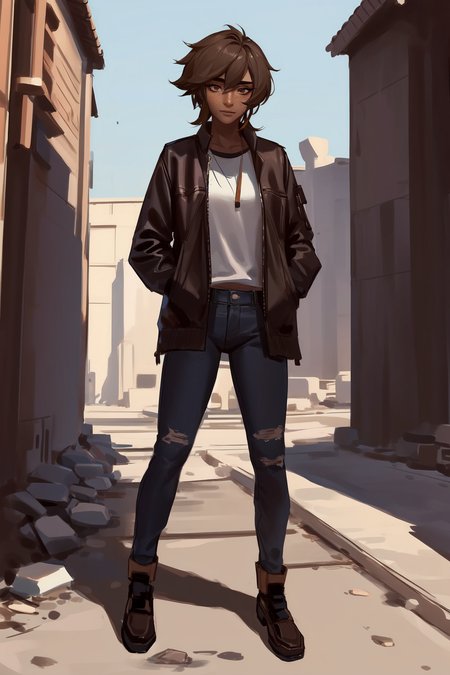 best quality, masterpiece, original, highres, illustration, best lighting and shadow, aesthetic wallpaper, amazing, beautiful, taliyah, 1girl, solo, dark skin, dark-skinned female, short hair, brown hair, thick eyebrows, brown eyes, freckles, extremely detailed and beautiful face, white hair, happy, tshirt, sidelocks, outdoors, photorealistic, standing, full body, jeans, hands in pockets, posing, 
<lora:tali-20:0.3>