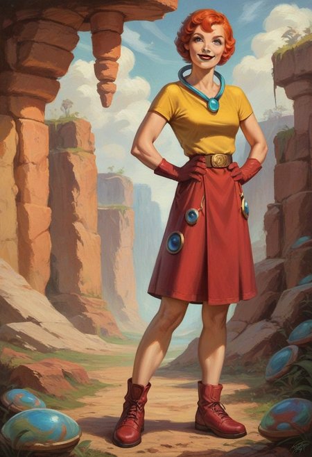 score_9_up, score_8_up, score_7_up, score_6_up, 1girl, solo, Astra_Gof, short red hair, blue eyes, yellow shirt, necklace, red gloves, red skirt, belt, black lipstick, red footwear, standing proudly, hands on hips, smile, (on an alien planet), (painted art), (realistic)