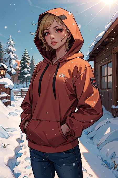 (masterpiece,best quality,absurdres,beautiful,aesthetic,detailed),outside,snow,sunlight,1girl,cowboy shot,head on,epfecitrinne,wearing hoodie,hood up,hands in pockets  <lora:EPfeCitrinne:0.8>
