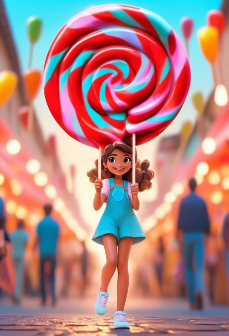Girl holding1gigantic lollipop on a stick with 2 hands,  walking in a street fair background
Negative prompt: Photo,  deformed,  black and white,  realism,  disfigured,  low contrast
Steps: 30, Sampler: DPM++ 2M SDE Karras, CFG scale: 8.0, Seed: 2898693727, Size: 832x1216, Model: sdxlNijiSpecial_sdxlNijiSE