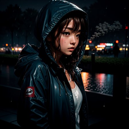 masterpiece, best quality, 1girl, japanese, brown hair, parted bangs, medium hair, brown eyes, parted lips,  hooded jacket, unbuttoned, rain, wet, cold, blowing smoke, 
<lora:skin_tone_slider_v1:1.5>  <lora:eye_size_slider_v1:0>  <lora:detailSliderALT2:0.5>,  <lora:age_slider_v6:-1.8> , blue hour, twilight, ISO12000 ,  <lora:GoodHands-vanilla:1>