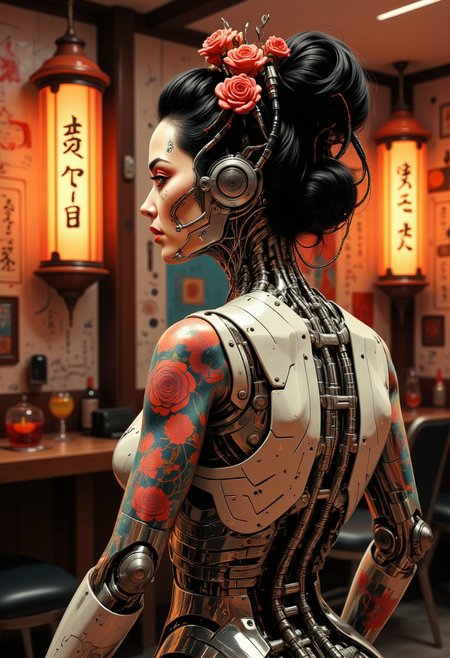 photo  of a full body geisha cyborg woman cc_cyborg with a detailed spin and cybernetic limbs. The image features a tattooed geisha android fflix-geisha seated and facing left. The android’s skin is adorned with intricate floral tattoos in vibrant reds, blues, and oranges, covering the shoulders, back, and arms. The android has an elaborate updo hairstyle decorated with red flowers, complementing the tattoo colors. The background is warmly lit with vintage-style lanterns, creating a cozy ambiance. (Fujicolor Superia X-TRA 400), (Light tracing), and (Dramatic lighting). Light and shadow by reij-snrs. Masterpiece, is pretty, best quality, high-res, extremely clear 8k wallpaper. HDR lighting, dramatic cinematic composition, UHD resolution, realistic texturing, advanced rendering techniques, and meticulous post-processing. In the eldoria style, no humans, tbh183