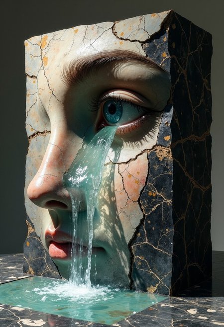 DB4RZ style painting cinematic photo a block of stone, into the surface of left half of the block has been carved a realistic beautiful woman's face, from the eye pours a waterfall to the marble table below the stone is covered in tiny cracks, the eye is a real photorealistic eye <lora:Flux-Marble:1> nero marquina marble . 35mm photograph, film, bokeh, professional, 4k, highly detailed