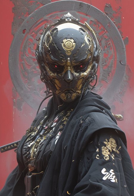 Create a extrahart, mystical, and high-resolution image of an busty female anthropomorphic a humanoid robot with intricate mechanical components named c3po. The character should be depicted in a manga cover style with wealthy portraiture and poster art elements. The image should feature rich colors and high contrast, focusing on the best quality, official art, and a beautiful and aesthetic appearance. Include fractal art elements and a colorful background with a splash of color. Use a movie perspective and an advertising style, similar to a magazine cover. C3po samurai should be shown solo, wearing Japanese clothes and armor, holding a sheathed katana, and standing in a cowboy shot pose. The robot should have neon green and yellow hip-hop clothes, tattoos, muscular abs, shoulder armor, and a metallic flowers in the background. Emphasize a samurai theme with a black and red background and starwars elements.