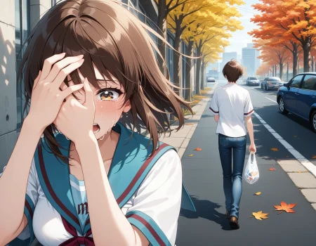 masterpiece, best quality, amazing quality,street,evening
1girl, crying, tears, sad, street, covering face, screaming, kita high school uniform, medium breasts, (broken heart:0.7), straight-on, long hair, wind
1boy, from behind, walking, shirt, jeans, autumn, wide shot, full body, short hair, (car:0.6), holding bag,plastic bag, autumn leaves