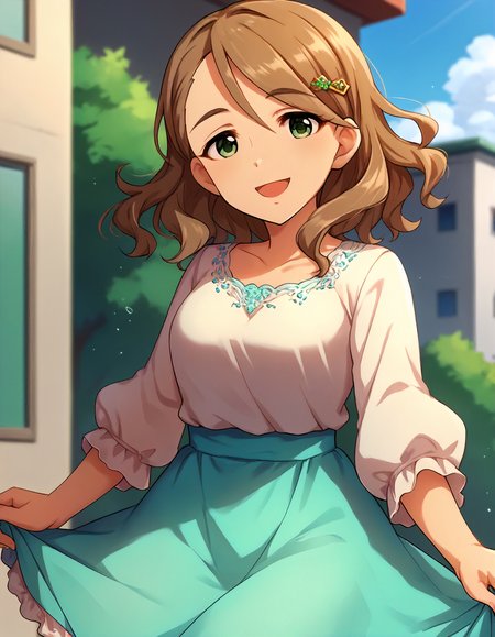 score_9,score_8_up,score_7_up,1girl,solo,cowboy shot,looking at viewer,smile,open mouth,outdoors,
<lora:yanagikiyora_v2_ponyXLV6:0.8>,cgyk,ykhb,
brown hair,wavy hair,green eyes,
hairclip,dress