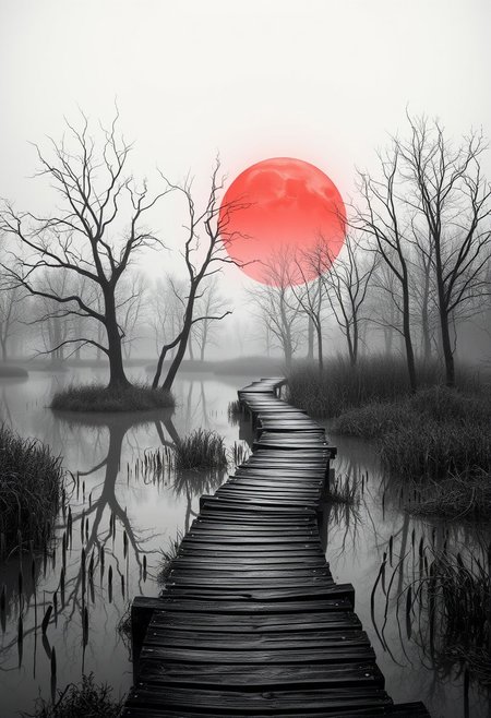 surreal landscape, winding wooden path, reflective water, leafless trees, overgrown reeds, large subtle red sun, pale sky, eerie atmosphere, black and white with red accent, dreamy scenery, misty background