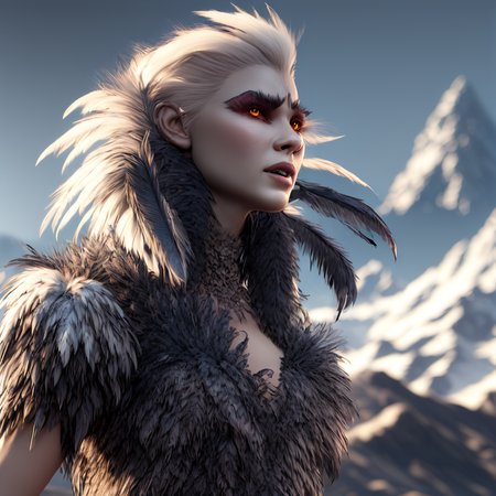 fking_scifi_v2, award winning portrait of a werecreature, close up, 80mm, f/1.8,
(woman wearing feathered LnF dress:1.2),  
mountain background , <lora:LnF21:1>
