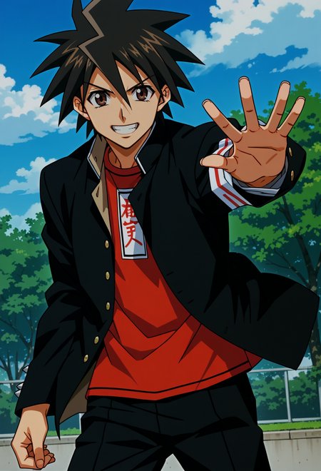 score_9, score_7_up, source_anime, BREAK <lora:AEKazuki:0.7> AEKazukiDef, brown eyes, black hair, spiked hair, gakuran, school uniform, black jacket, long sleeves, open jacket, armband, red shirt, black pants, foreshortening, reaching towards viewer, smile, twisted torso, blue sky,