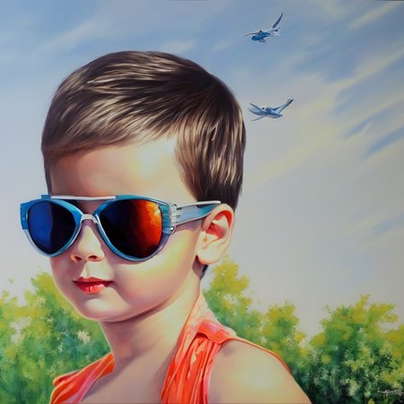 a baby boy wearing sunglasses in the park in the background on a sunny day SCG768-illustrate airbrushed portrait
