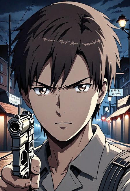 high resolution, solo, best quality, 1Boy, Takaki Toono, Brownish Hair, Brown Eyes, portraits, midnight, dim street lights, mysterious, threatening, gun, aiming the gun to the viewer, OverallDetail