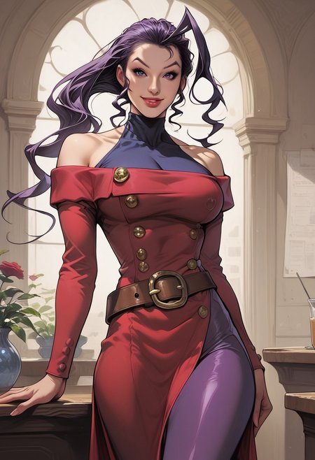 safe_pos, s((score_9_up, score_8_up, score_7_up)),hentai style,anime style)),(photo realistic),1 female, solo, standing, perfect face, Science Lab background, indoors, Science Laboratory, Laboratory, rear angle,

core_9, score_8_up, score_7_up, score_6_up, rating_explicit, score_9, score_8_up, score_8, Expressiveh, , (best quality:1.1), (masterpiece:1.2),(detailed:1.1), (highres, best quality:1.2), eye catching

BREAK 
<lora:PONYXL_StreetFighter_Rose_ownwaifu:1>, BREAK MainOutfit_Rose_ownwaifu, 1girl, hagoromo, hair slicked back, huge ahoge, long hair, purple eyes, purple hair, single hair intake, yellow scarf, bare shoulders, shoulder cutout, clothing cutout, halterneck, lips, turtleneck, makeup, off shoulder, scarf, belt, off-shoulder dress, red dress, detached sleeves, lipstick, jewelry, pantyhose, nose, leotard, antenna hair, cleavage, loose belt, long sleeves, side slit, buttons, purple pantyhose, covered collarbone, sidelocks, asymmetrical hair, brown belt, impossible clothes, long dress, flipped hair, forehead, narrow waist, skin tight, belt buckle, sleeveless turtleneck, thick thighs, bodysuit, purple bodysuit, red dress, side slit, black leggings,
<lora:add-detail-xl:0.15>,
cowboy shot,

slender body,
BREAK 
((medium long shot, large breasts, looking at viewer, smile, sexy, Three Quarter view)),
