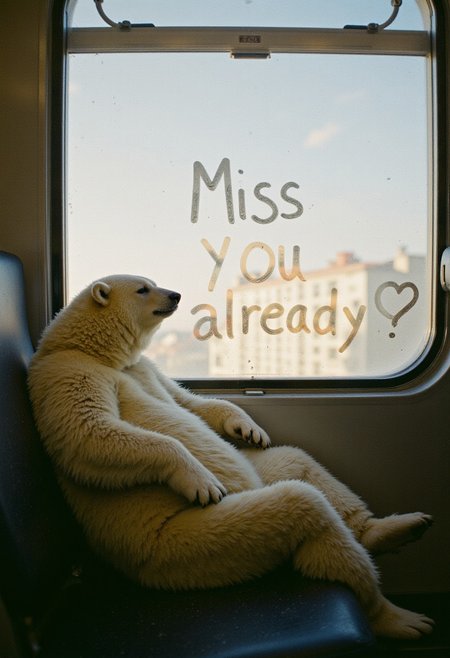 japanese culture style, chicken,  breathtaking emotional photos, 35mm film, soft focus, a polar bear sleeping on a train seat, warm atmosphere, Visible Dust Particles Floating Indoors in Natural Sunlight from Afterglow, polaroid picture style, vintage colors, 1990s style, at the bottom frame there is handwritten text "Miss you already." a drawing on a fogged window glass depicting of heart shape