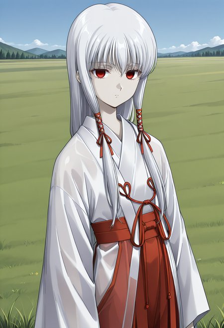 kuon_mio, red eyes, white hair, long hair, hair ribbon, tress ribbon, pale skin, albino, japanese clothes, white kimono, red hakama, see-through, <lora:kuon_mio_illustrious_ver1:0.8> 
empty eyes,, masterpiece, best quality, very aesthetic, absurdres,, general,, 1girl, solo, blue sky, (grasslands:1.2), looking at viewer,