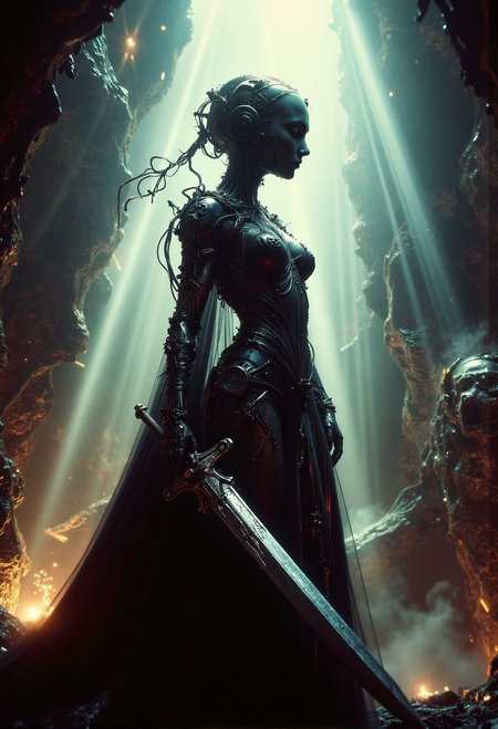 analog film photo (art by Zdzislaw Beksinski:2). baroque style. gothic. skinny woman. mechanical. giant cyberpunk sword. epic, glorification, backlit, god rays, <lora:- Flux1 - vanta_black_V1.0.safetensors:0.5>,  <lora:aiai-Glimra-Flux-Dev-v2.safetensors:0.5>, aiai-Glimra <lora:Dever_Flux_Enhancer.safetensors:0.5>,  <lora:aidmaMJ6.1-FLUX-V0.1.safetensors:0.5>, midjourneyv6.1 <lora:ARTifacts.safetensors:0.75>, <lora:Movie_Portrait.safetensors:0.75>,    midjourneyv6.1 . faded film, desaturated, 35mm photo, grainy, vignette, vintage, Kodachrome, Lomography, stained, highly detailed, found footage