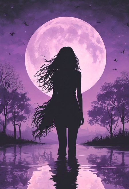 a pitch black setting with a (silhoutte) of a beautiful long haired girl lit up by a purple hue, magical, silhouette, purple theme, purple skies, tree silhouette, eyes closed, ephemeral, reflection, moon <lora:sdxl\add -detail-xl> <lora:sdxl\xl_more_art-full_v1>, small body, petite body, Skinny body