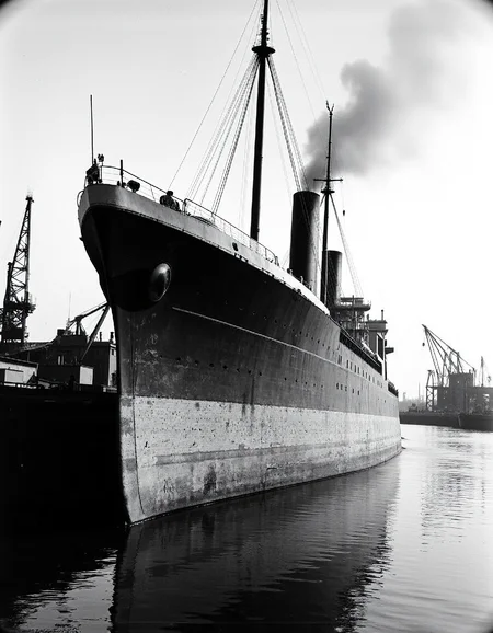 robert doisneau style. A weathered cargo ship, its hull scarred and chipped, sits majestically in a bustling harbor.  The image is captured in sharp, high-contrast greyscale, with dramatic lighting highlighting the ship's imposing size.  Smoke billows from the ship's funnel, casting a hazy veil over the surrounding port.  Cranes and other vessels fill the background, adding to the sense of a vibrant maritime scene.  The overall composition evokes a sense of industry and adventure, characteristic of the 1940s era.  The photograph is framed by a subtle vignette, emphasizing the ship as the focal point.