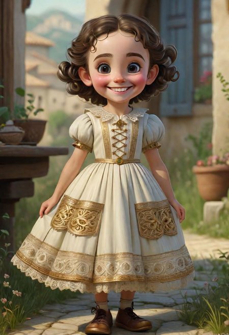 (((masterpiece:1.7))), (((randomly picked cute female child_1.8))), (smiling and happy:1.5),  (full-body shot:2), (randomly picked traditional male costume of Calabria from Arbereshe Community), filigree, 8k, cartoon digital illustration, cute big pixar reflective eyes, unreal engine cinematic smooth, dreamlike, intricate detail, oil on canvas by Mark Ryden, golden ratio, perfect composition, UE5, trending on artstation and cgsociety, soft natural volumetric cinematic perfect light, award-winning photograph, by Anno1313 art style, --chaos