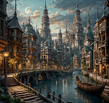 RAW photo, (masterpiece:1.3), subsurface scattering, heavy shadow, (high quality:1.4), (intricate, high detail:1.2), professional photography, HDR, High Dynamic Range, realistic, ultra realistic, photorealistic, high resolution, film photography, ambient lighting, atmospheric effects, <lora:detail_slider_v4:2>, OverallDetail,  <lora:Laketown:1>, bird, boat, bridge, building, castle, city, cloud, fantasy, laketown, lamppost, moon, no humans, outdoors, railing, river, scenery, signature, sky, smoke, stairs, tower, tree, water, watercraft
