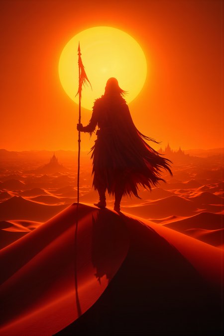 A hyper-realistic portrait, photorealistic photo close-up image of In the heart of a vast desert, under the blinding light of three setting suns, the silhouette of a lone wanderer appears on the crest of a towering dune. Their figure is sharp and solitary, framed against the blazing sky where the suns cast long, triple shadows across the golden sand. The dunes roll endlessly into the distance, their smooth, rippling surfaces bathed in a fiery orange glow that deepens into reds and purples as the day fades into twilight. The wandererâs form is stark and angular, their cloak billowing in the hot desert wind, while their hand grips a long staff that stretches skyward, creating a thin, sharp line against the dying light. Far in the distance, the faint outline of a ruined city emerges from the dunes, barely visible through the shimmering heat haze, but the figureâs gaze is fixed forward, as if seeking something beyond the horizon. The entire scene is one of quiet solitude, where the sharp lines of the wandererâs silhouette stand in stark contrast to the smooth, flowing landscape around them. (photography, high-resolution, dynamic, energetic,hyper-realistic, dramatic lighting, shallow depth of field.), detailmaximizer, MythP0rt<lora:midjourney_whisper_flux_lora_v01:0.55><lora:aidmaMJ6.1-FLUX-V0.1:0.4><lora:FluxMythP0rtr4itStyle:0.4><lora:detailed_flux_ntc:2.2><lora:aidmaImageUpgrader-FLUX-V0.1:0.65>