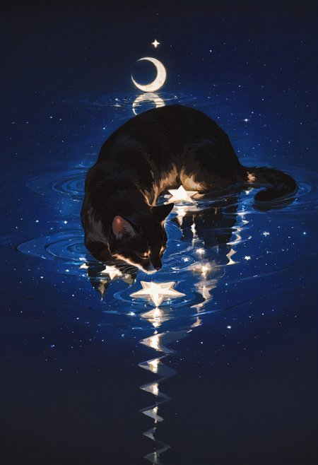 liyd, no humans, cat, crescent moon, ripples, moon, animal focus, reflection, closed eyes, water, animal, star (symbol), crescent, night, star (sky), solo, painting (medium), sky