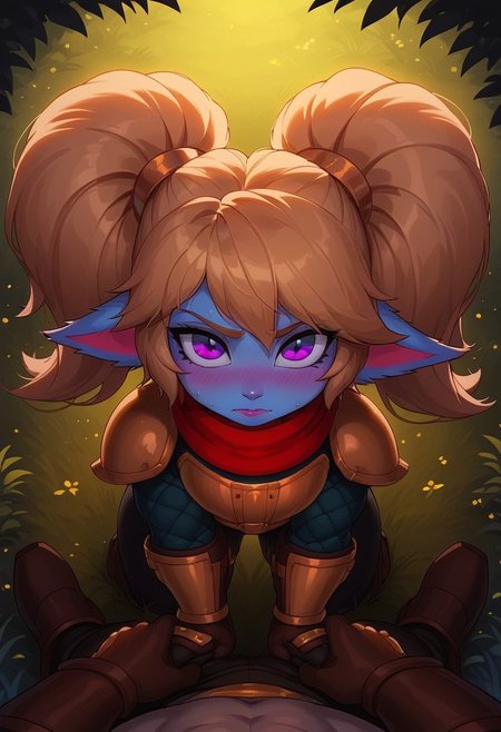 masterpiece, best quality,ultra detailed,volumetric lighting,gradient color, BREAK raytracing, volumetric lighting, ambient occlusion.
Poppy,lol,yordle girl,fluffy fur,blue fur,tightened skin,curvy,toned body,(purple nipples:0.6),(a well-proportioned body:1.2),beautiful eyes,big eyes,purple eyes,blonde hair,long hair.
golden armor, armor shoulder, red scarf, breastplate, green snakeskin shirt , brown gloves, armor hips, green snakeskin pants, brown boots.
on all fours,spread legs,man grab her ass ,pov,close up,torn pants,looking at viewer,hearts,horny,blush.
forest,from above,outdoors.