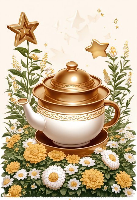 A white and gold porcelain teapot with a flowers.  with a "soviet red_star" emblem (pmg style, h1ppyCE style, hippy)