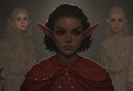 safe_pos, short pointy ears, piercings, random elf face, aquiline features, dark elf, dark elves, medium dark skin, weathered skin, large nose, animated realism, zoomed out, Syrian features, torso, brass pipes and gears, intricate architecture, dwarven masonry, dwemer fixtures, white-green light, gloomy lighting, ancient ruins, interior, stone tiled floor, grey-blue skin, mahogany and ivory clothes, medium armor, bone plate armor, ivory straps and fittings, grey wood neckguard, dark red sclera, black pupils, distant mushroom forest, blue-green light, neon, highly detailed, defined features, looking at viewer, three quarters view, from front, dynamic lighting, 36 years old, light and shadows, patterned cloth, annoyed expression, expressive eyes, detailed medieval clothes, medium_breasts, cropped hair, wavy hair, thick hair, beaded hair, braided hair, under cut hair, semirealistic, alien elf, spanish features, jewish features, black hair, dark red hair, umber skin, sharp features, pastel green berber print cloak, nighttime, high detail, absurdres, pretty eyes, detailed eyes, red eyes,