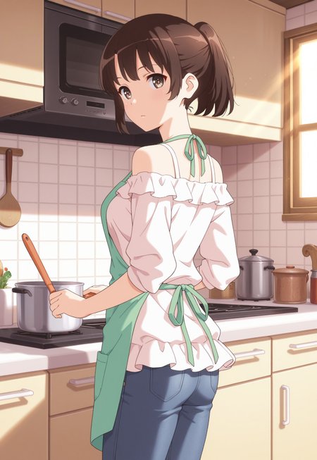 1girl, m3gum1kat0,brown hair, bangs, pupils,brown eyes,medium breasts, short hair, ponytail ,(( good fingers))

,original, masterpiece, aesthetic,

standing, kitchen setting, cozy kitchen, looking back, wearing apron, off-shoulder blouse, slim-fit jeans with slight back cutout, warm sunlight streaming through the window, rustic shelves filled with spices and herbs, soft and detailed anime style, relaxed and inviting atmospher,looking at viewer,

