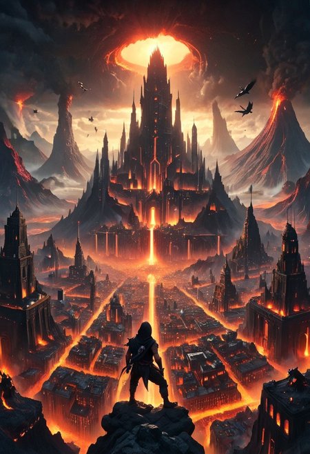 The beautiful city is in the belly of a volcano, 1boy, a ninja wearing a thick vest climbs the walls of the mouth of the mountains, looking down on a cityscape in lava, hands and feet in a climbing pose, climb in the mountain rocks, action climbing pose in the wall, from above shot, close-up, ninja wearing scarf and vest, clad in flowing, future city ​​in the belly of a volcano, lava, obsidian rock, cityscape, future city, tall building, clock tower, tower, steam, glass, castle, road, crowd, groups of crows flying around, glowing, shiny, scifi, intricate artistic color, cinematic light, radiant, vibrant, perfect symmetry, Grayscale, Dramatic spotlight, highly detail,