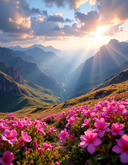 A stunning landscape scene showcasing vibrant pink flowers in full bloom, set against rolling green hills under a dynamic sky filled with clouds. The lighting casts a warm golden hue, enhancing the vivid colors of the blossoms and illuminating the valleys in the distance. The viewpoint is positioned slightly above the flower field, offering a sweeping vista that captures the vastness of the mountains fading into the horizon. The time is late afternoon, creating a serene and uplifting atmosphere. The style reflects a blend of realism and impressionism, emphasizing natural beauty with a soft focus on the flowers in the foreground and the craggy mountains beyond, evoking a sense of tranquility and wonder. <lora:aidmaFLUXPro1.1-FLUX-v0.3:1>